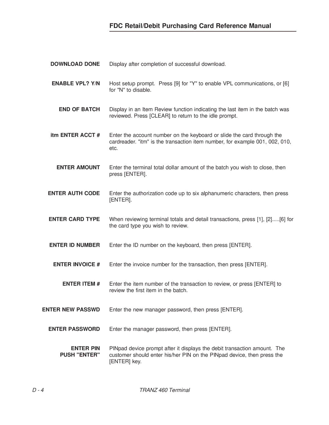VeriFone TRANZ 460 manual FDC Retail/Debit Purchasing Card Reference Manual 