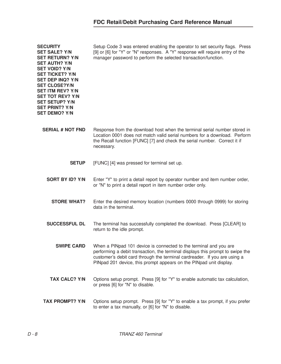 VeriFone TRANZ 460 manual FDC Retail/Debit Purchasing Card Reference Manual 