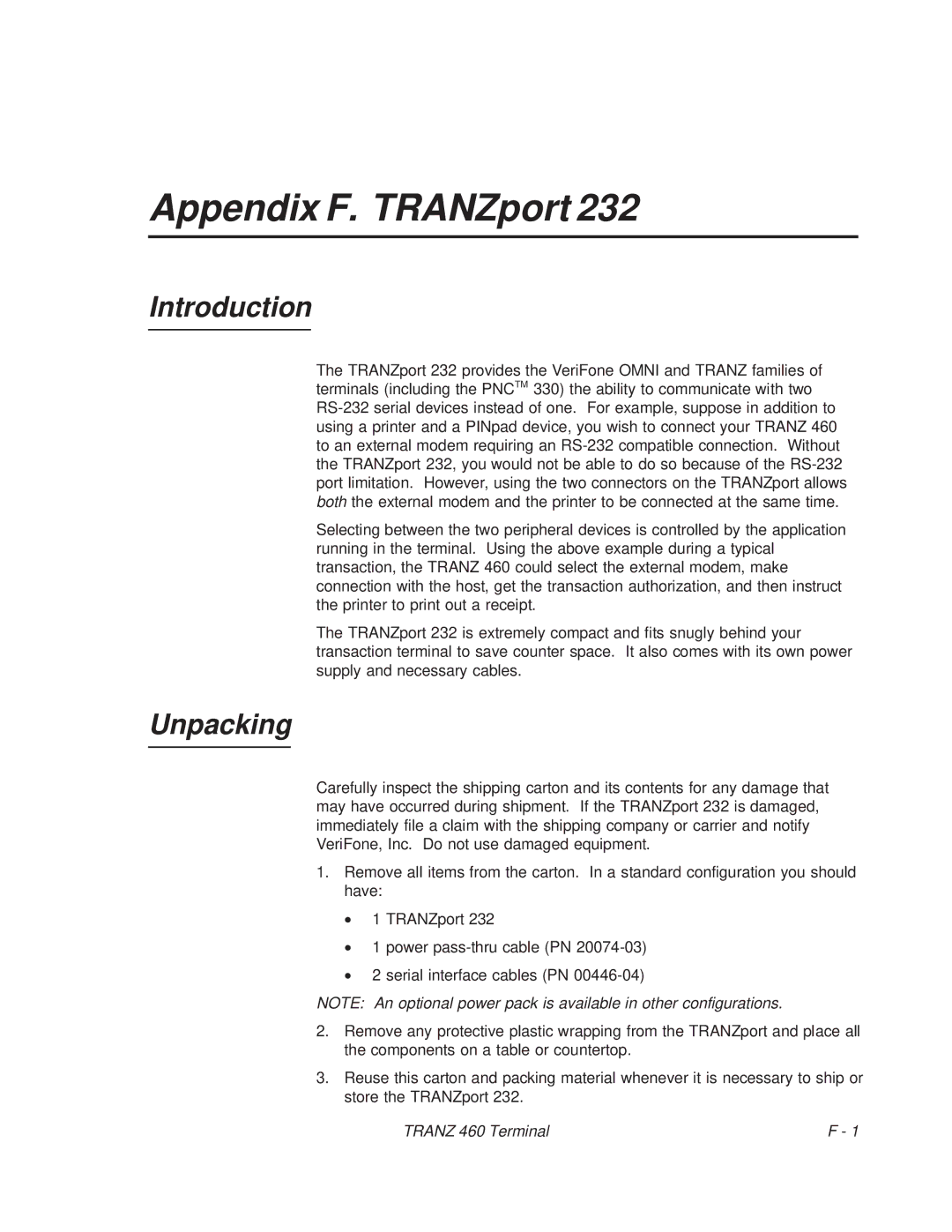 VeriFone TRANZ 460 manual Appendix F. TRANZport, Introduction 