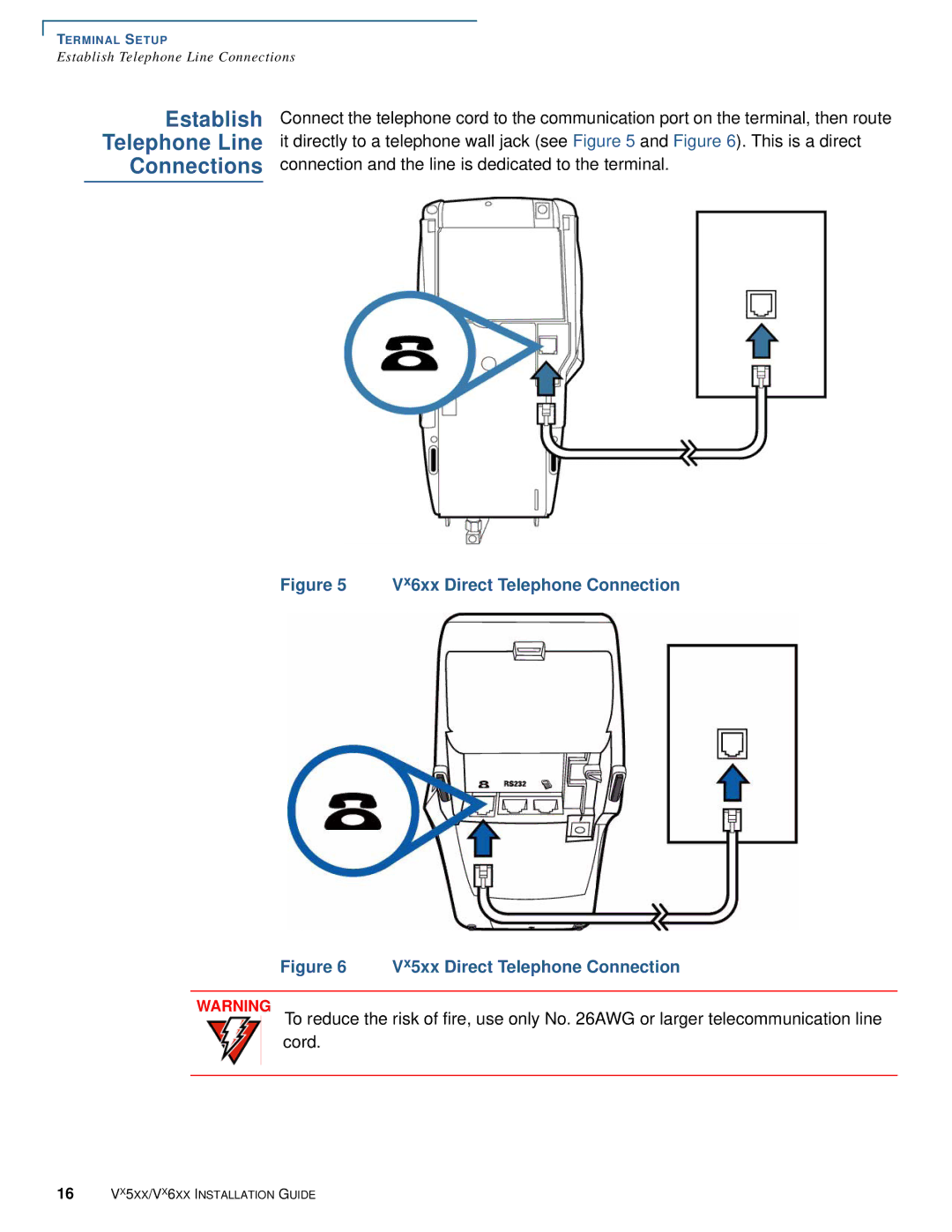 VeriFone Vx510 manual Establish Telephone Line Connections, Vx6xx Direct Telephone Connection 