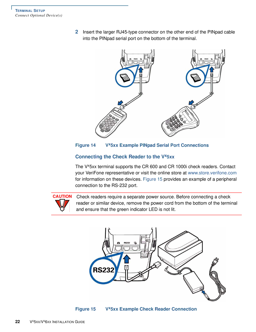 VeriFone Vx510 manual Connecting the Check Reader to, Vx5xx Example PINpad Serial Port Connections 