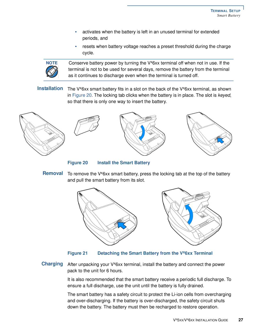 VeriFone Vx510 manual Install the Smart Battery 