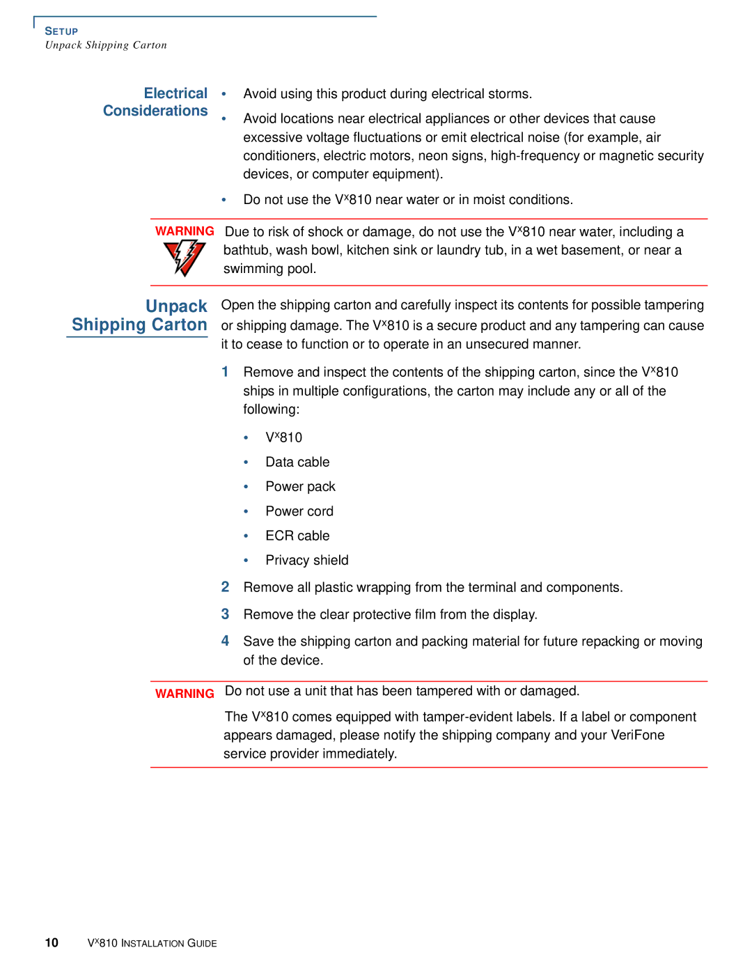 VeriFone Vx810 manual Unpack Shipping Carton, Electrical Considerations 