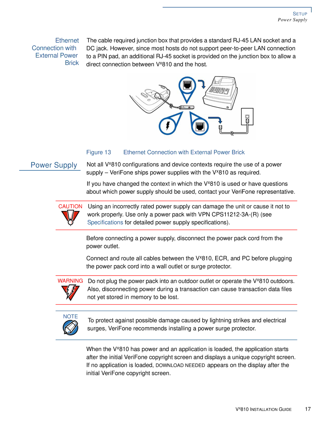 VeriFone Vx810 manual Ethernet Connection with External Power Brick 