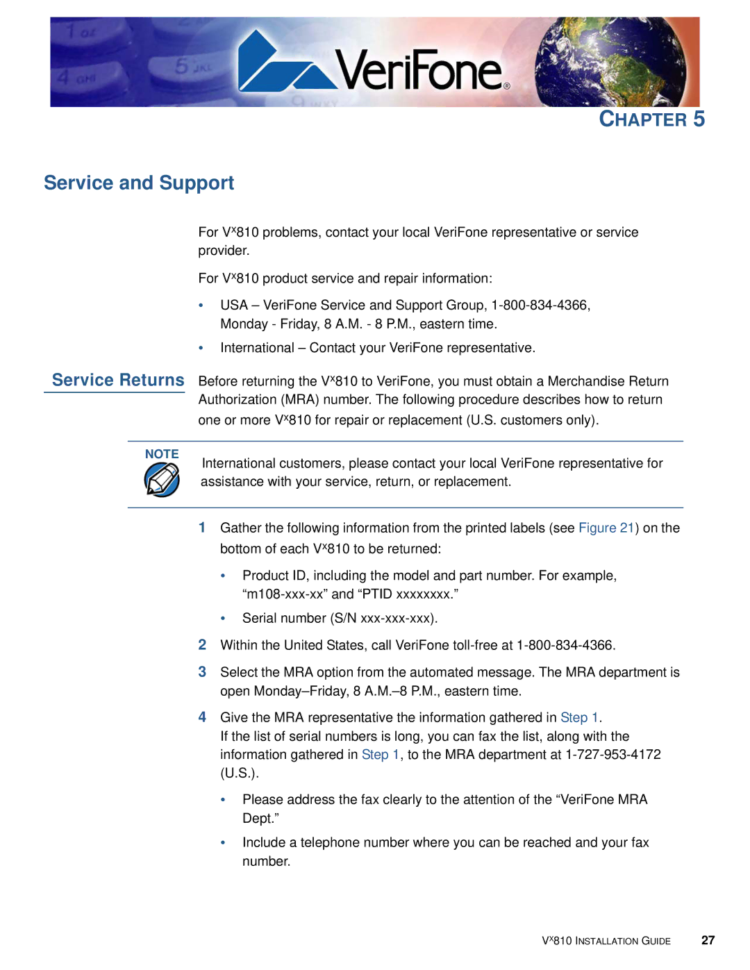 VeriFone Vx810 manual Service and Support 