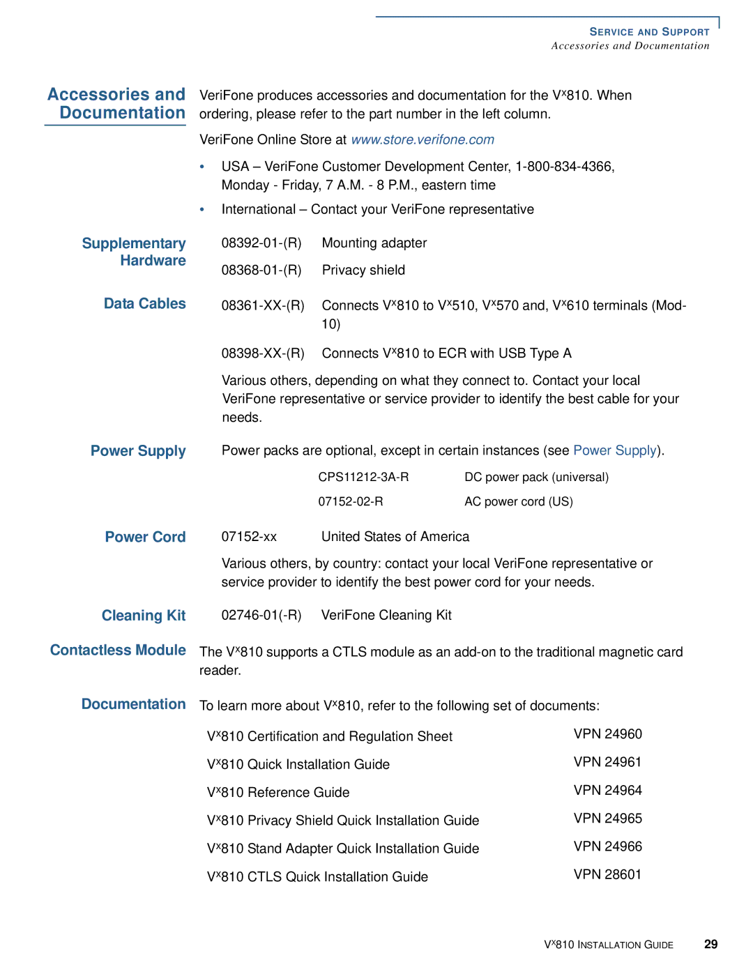 VeriFone Vx810 manual Accessories Documentation, Data Cables, Power Cord 