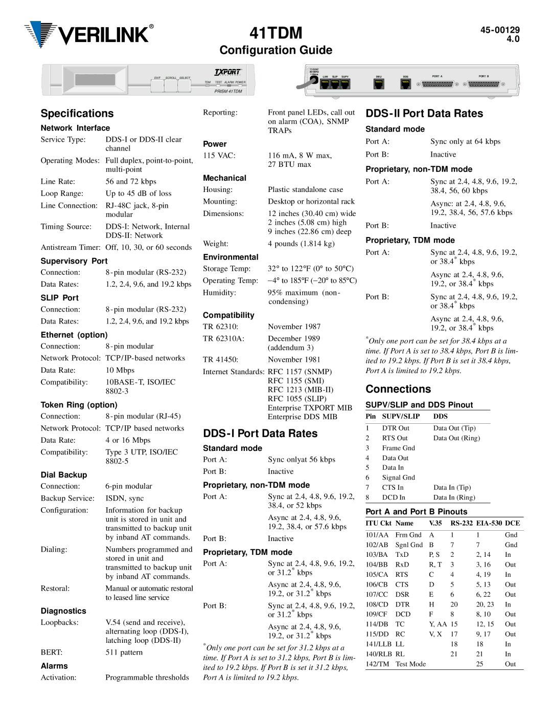 Verilux 41TDM specifications Specifications, DDS I Port Data Rates, DDS II Port Data Rates, Connections 