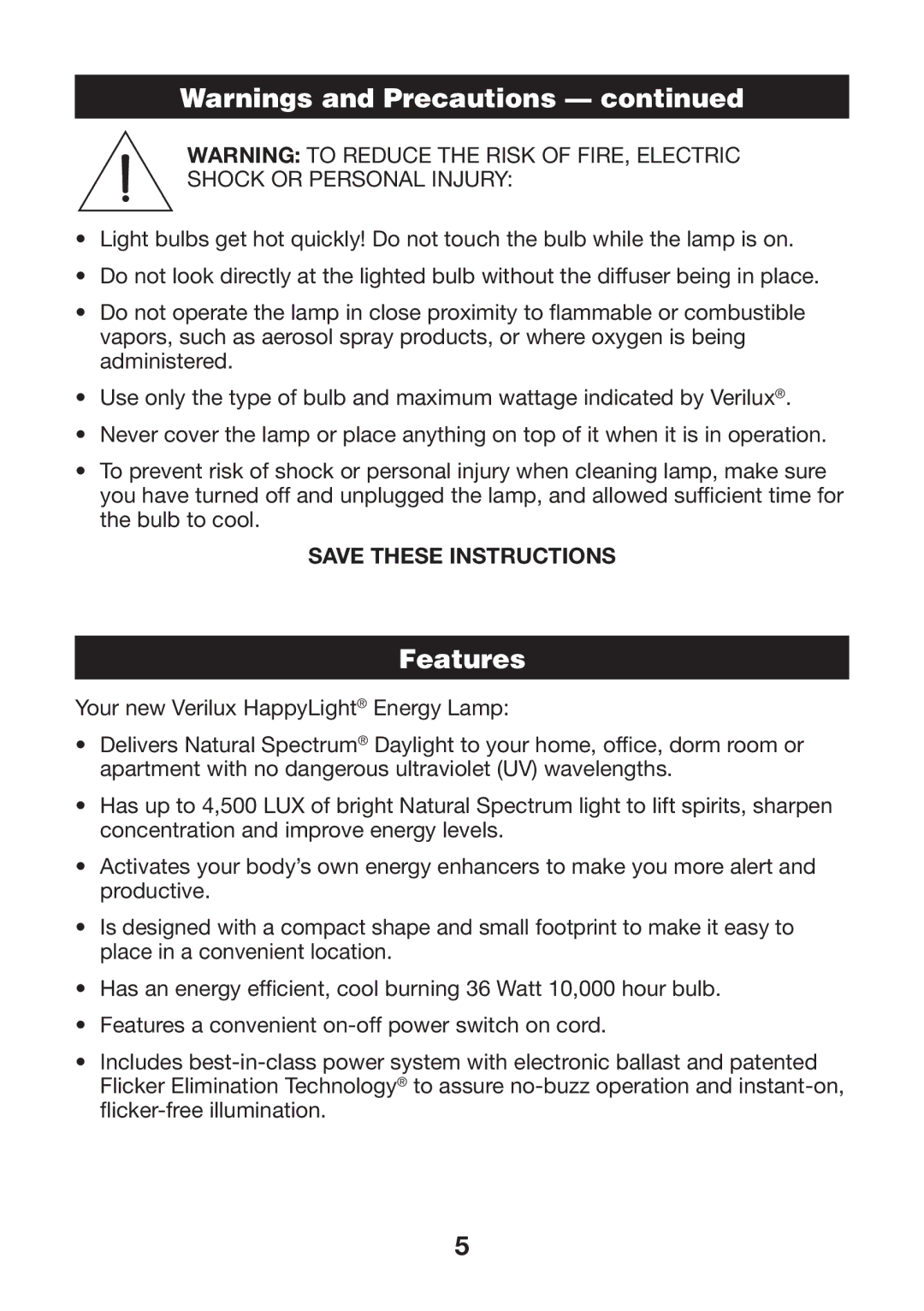 Verilux 571391 manual Features, Shock or Personal Injury 