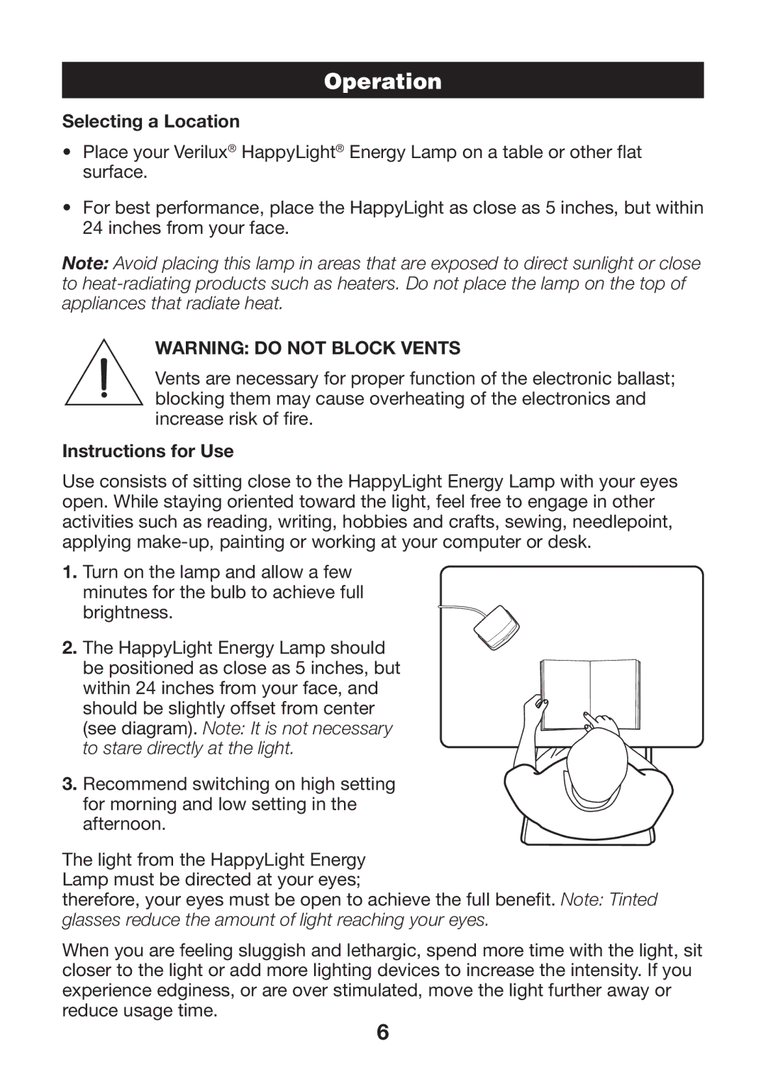 Verilux 571391 manual Operation, Selecting a Location, Instructions for Use 