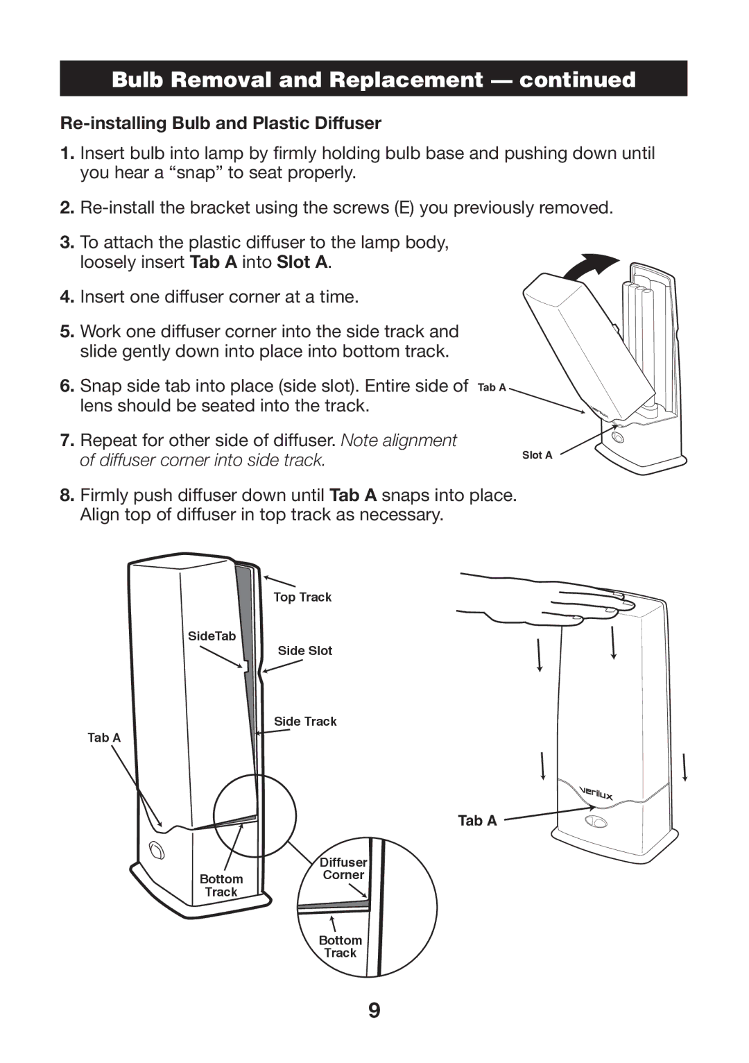 Verilux 571391 manual Re-installing Bulb and Plastic Diffuser, Diffuser corner into side track 