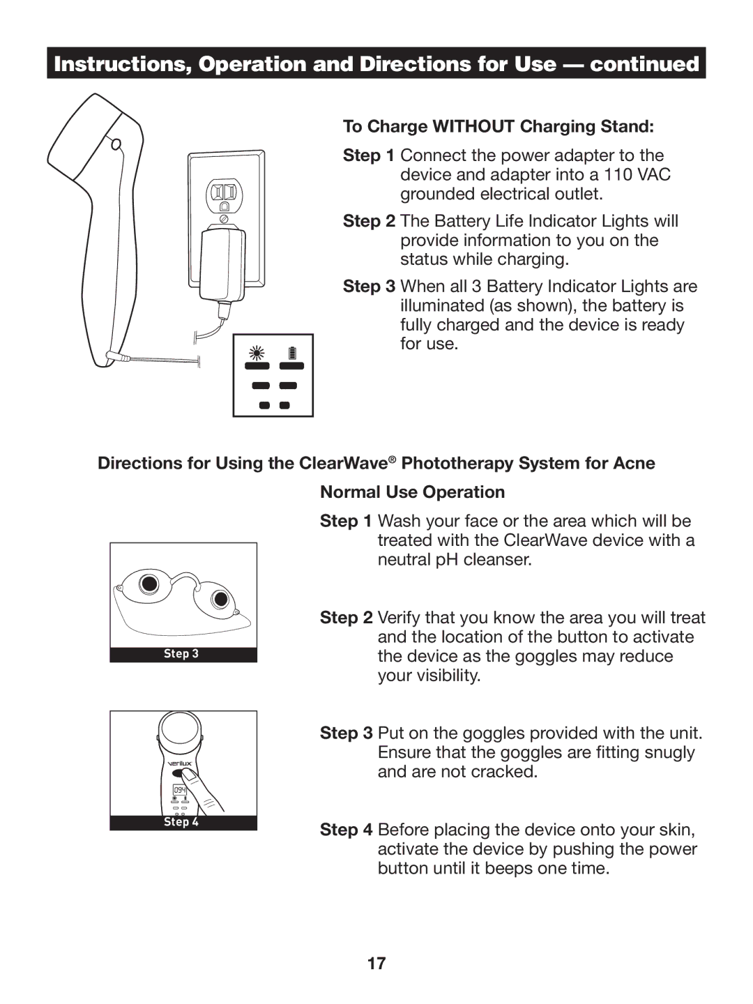 Verilux CW01 manual Instructions, Operation and Directions for Use, To Charge Without Charging Stand 