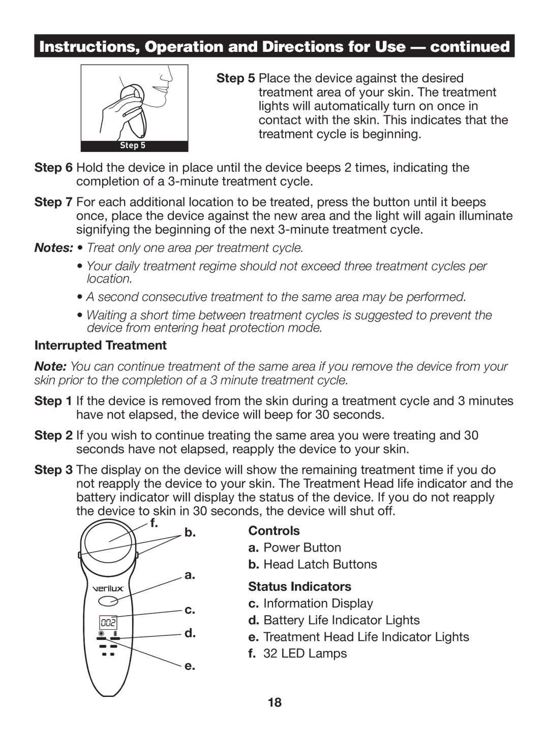 Verilux CW01 manual Interrupted Treatment, Device to skin in 30 seconds, the device will shut off, Power Button, LED Lamps 