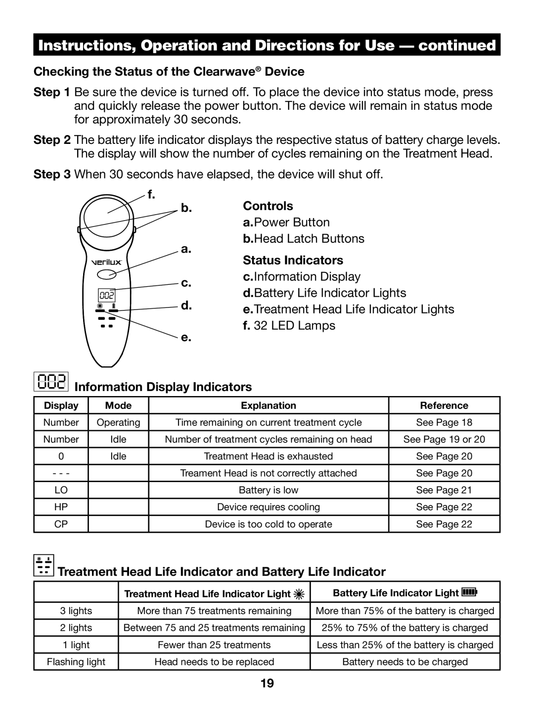 Verilux CW01 manual Checking the Status of the Clearwave Device, Information Display Indicators 