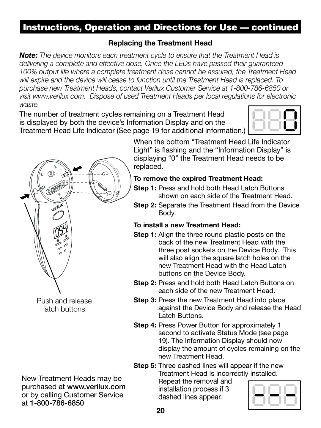 Verilux CW01 manual Instructions, OperationCAREand&DirectionsCLEANINGfor Use, Replacing the Treatment Head 