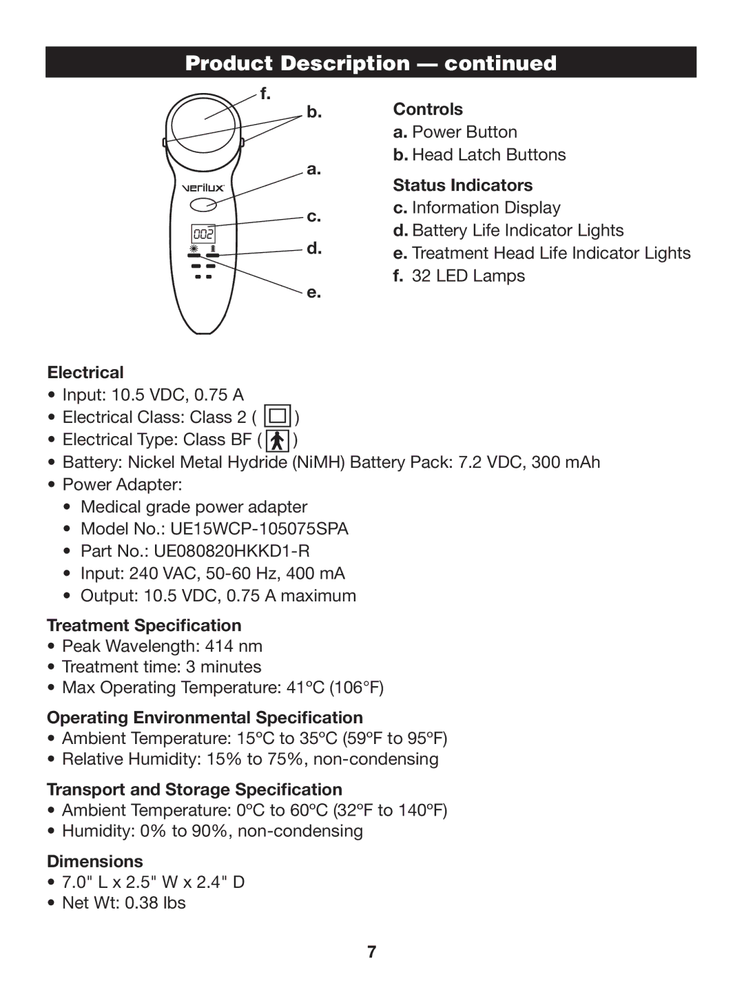 Verilux CW01 manual Controls, Status Indicators, Electrical, Treatment Specification, Operating Environmental Specification 