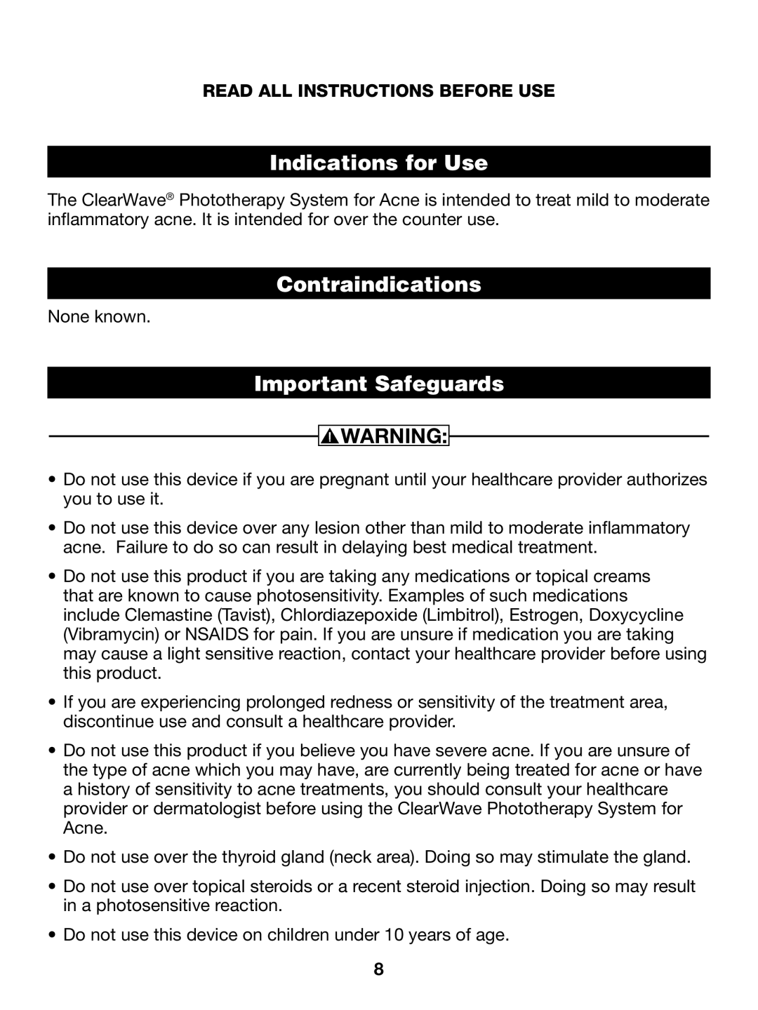 Verilux CW01 manual Indications for Use, Contraindications, Important Safeguards 