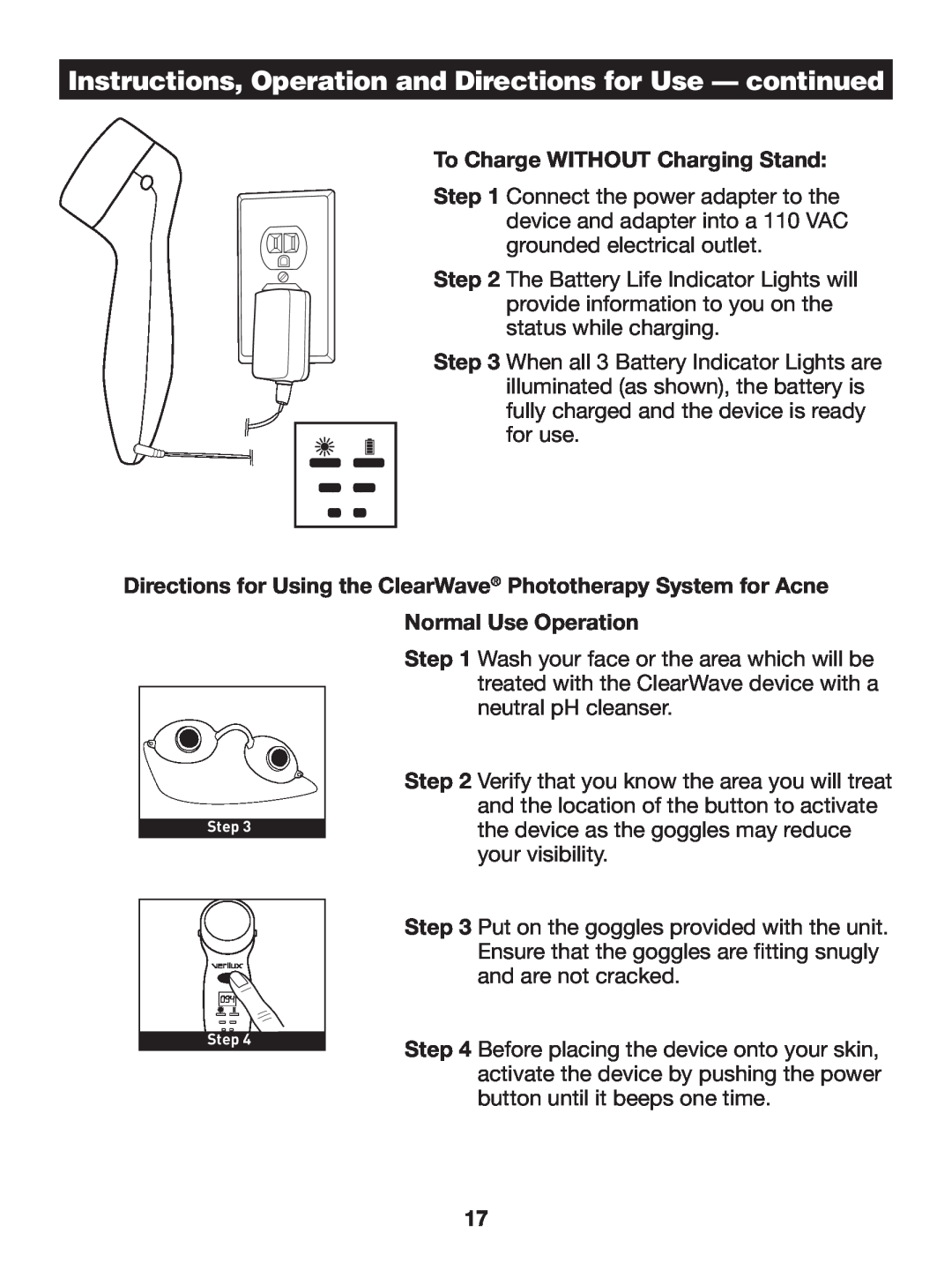 Verilux CW01 manual Instructions, Operation and Directions for Use - continued, To Charge WITHOUT Charging Stand 