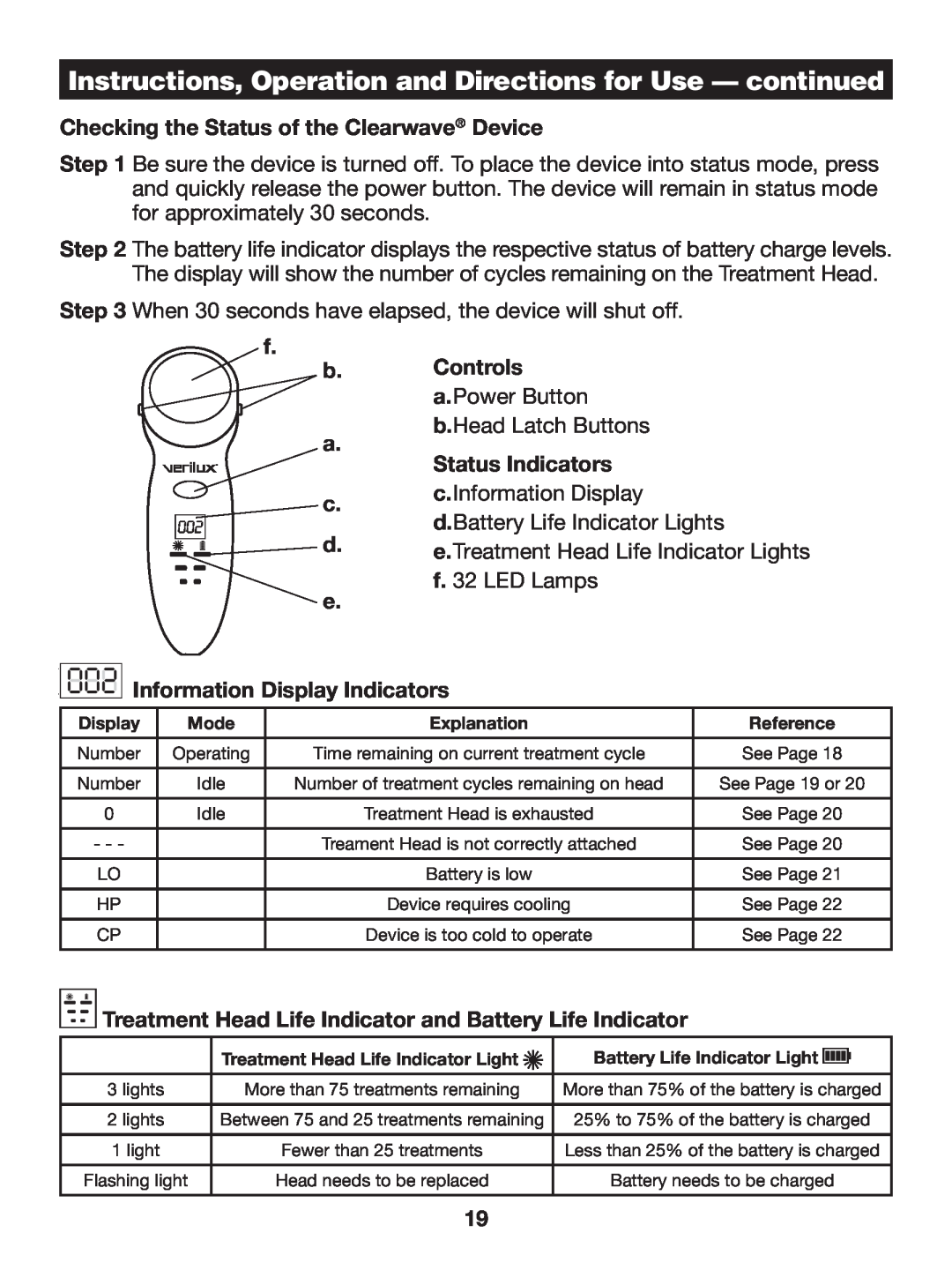 Verilux CW01 manual Instructions, Operation and Directions for Use - continued, Checking the Status of the Clearwave Device 