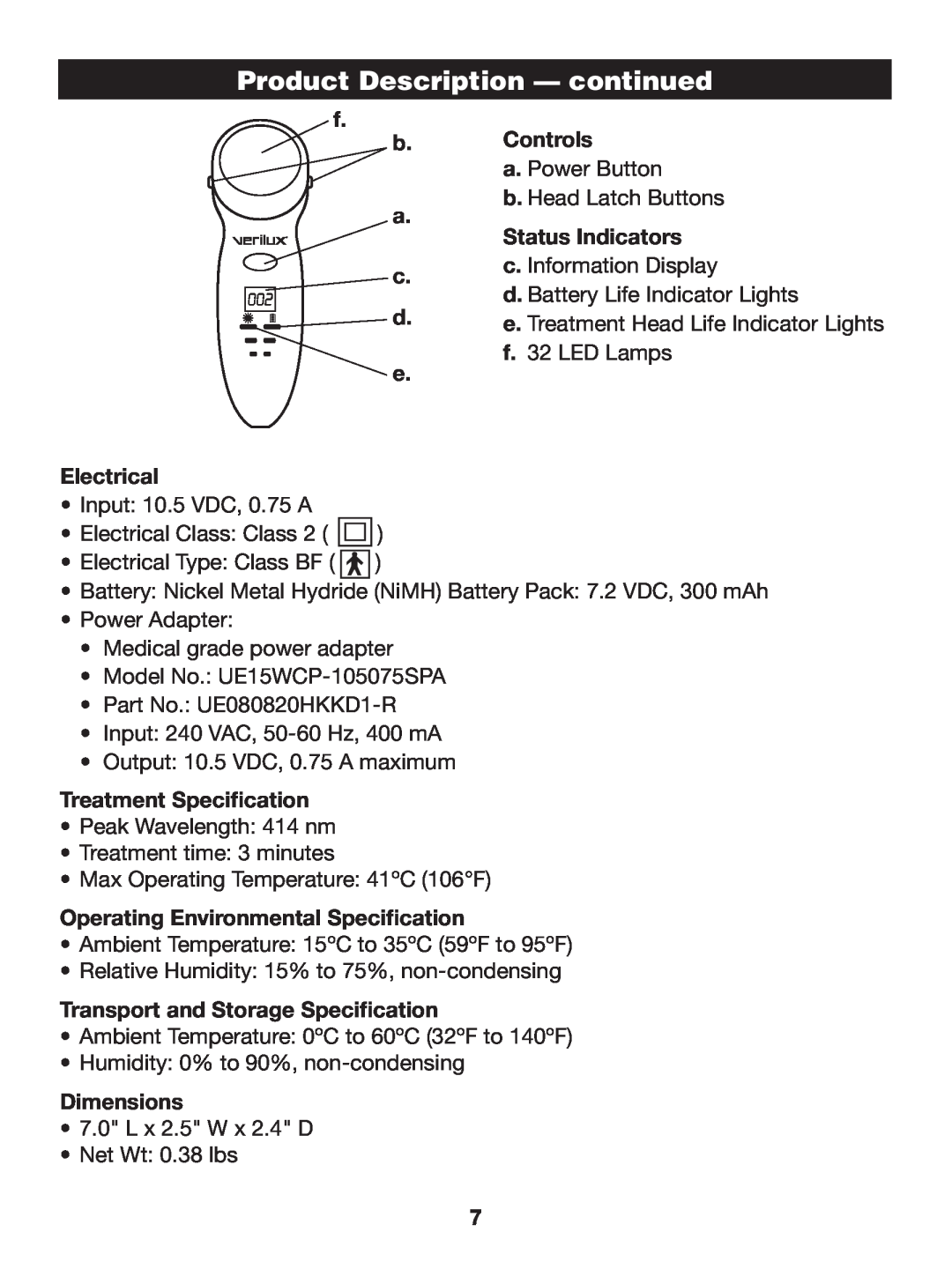 Verilux CW01 Product Description - continued, f b a, Controls, Status Indicators, Electrical, Treatment Specification 