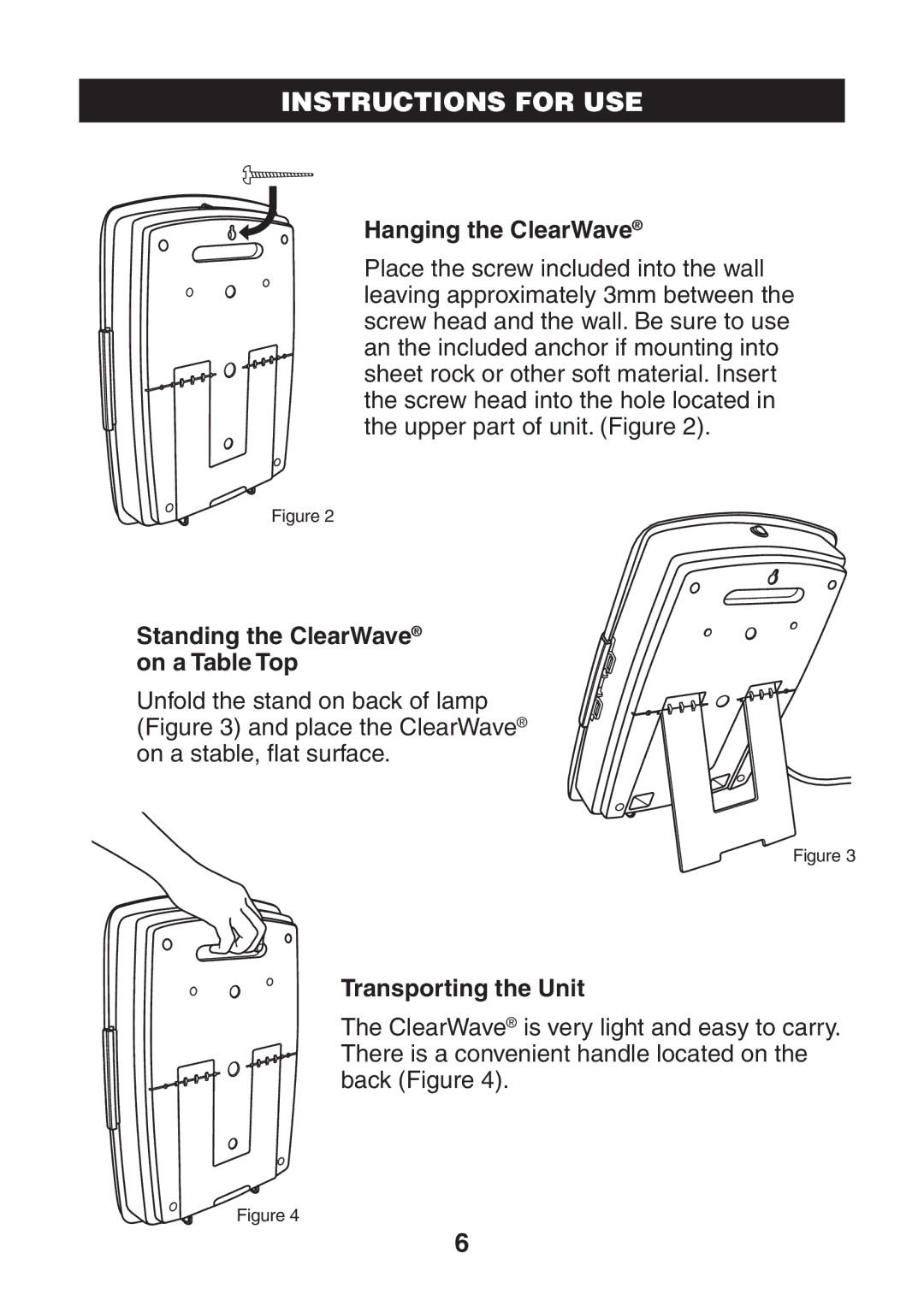 Verilux CWST1 manual Hanging the ClearWave, Standing the ClearWave on a Table Top, Transporting the Unit 