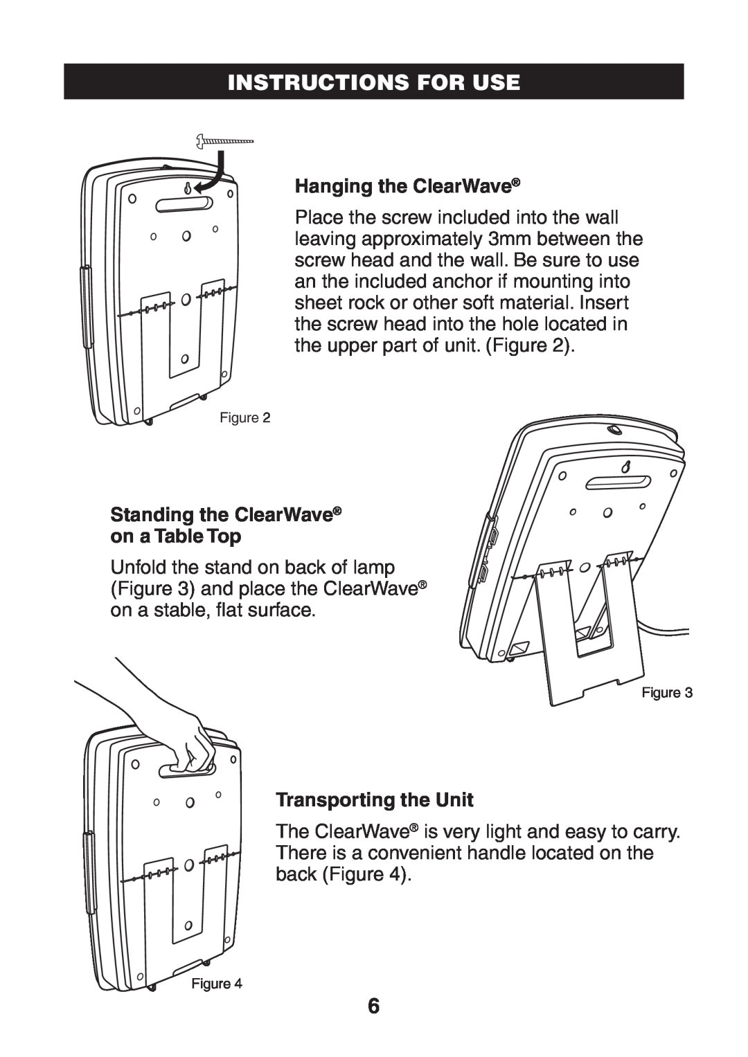 Verilux CWST1 Hanging the ClearWave, Standing the ClearWave on a Table Top, Transporting the Unit, Instructions For Use 