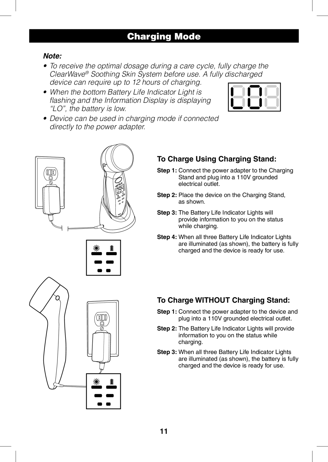 Verilux CWST2RB manual Charging Mode, To Charge Using Charging Stand, To Charge Without Charging Stand 