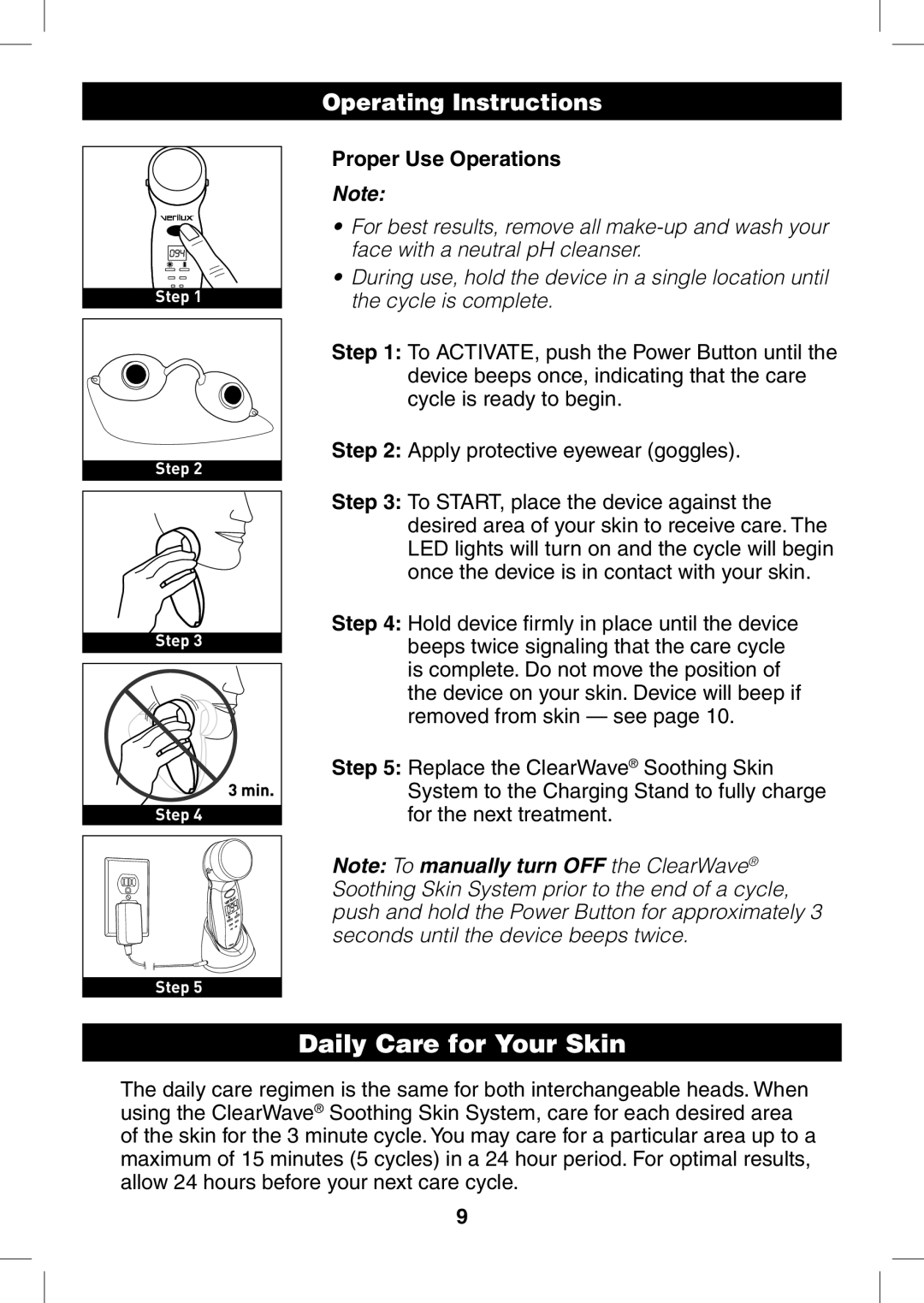 Verilux CWST2RB manual Daily Care for Your Skin, Operating Instructions, Proper Use Operations 