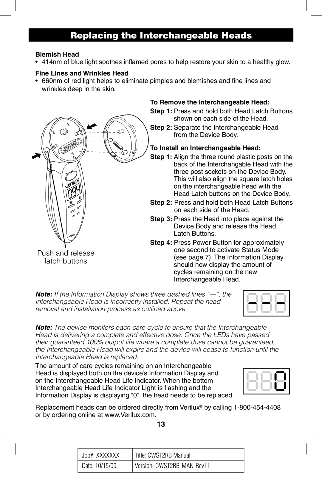 Verilux CWST2RB manual Replacing the Interchangeable Heads, Blemish Head, Fine Lines and Wrinkles Head 