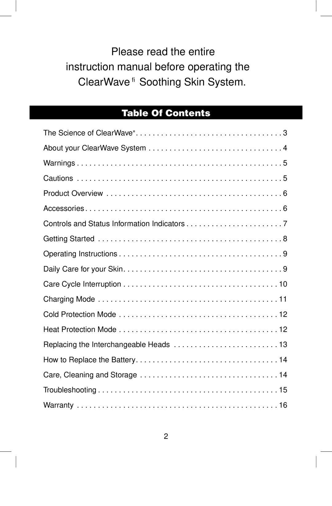 Verilux CWST2RB manual Please read the entire ClearWave Soothing Skin System, Table Of Contents 