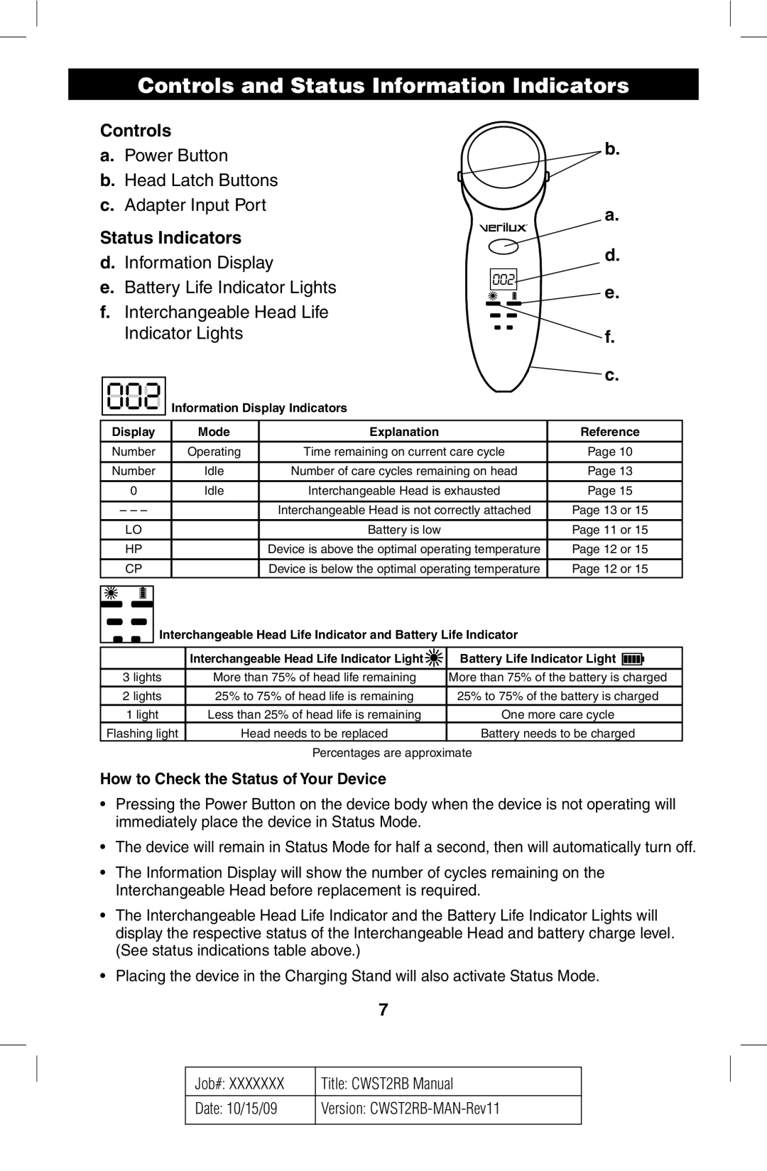 Verilux CWST2RB Controls and Status Information Indicators, Status Indicators, How to Check the Status of Your Device 