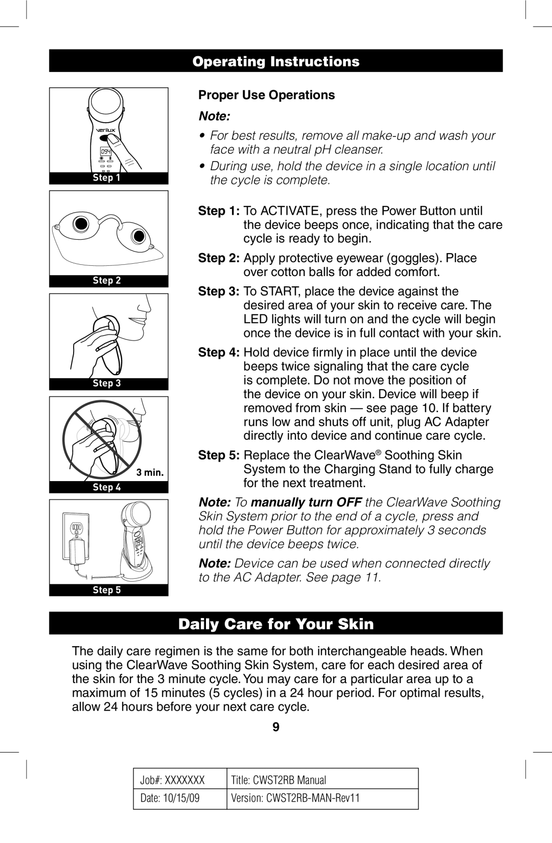 Verilux CWST2RB manual Daily Care for Your Skin, Operating Instructions, Proper Use Operations 