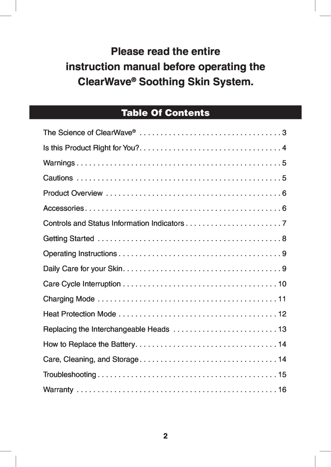 Verilux CWST2RB manual Table Of Contents, Please read the entire, ClearWave Soothing Skin System 