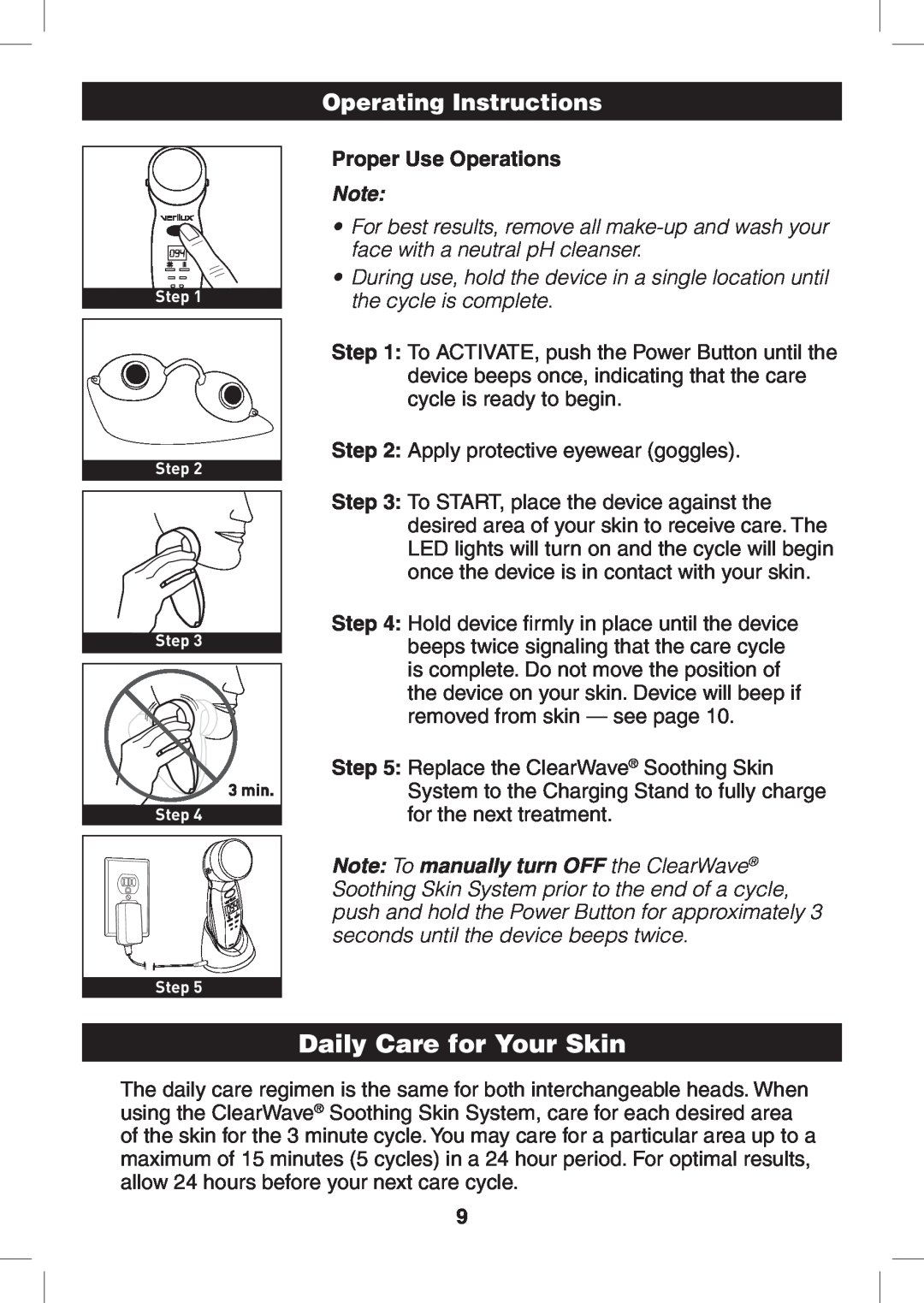 Verilux CWST2RB manual Daily Care for Your Skin, Operating Instructions, Proper Use Operations 