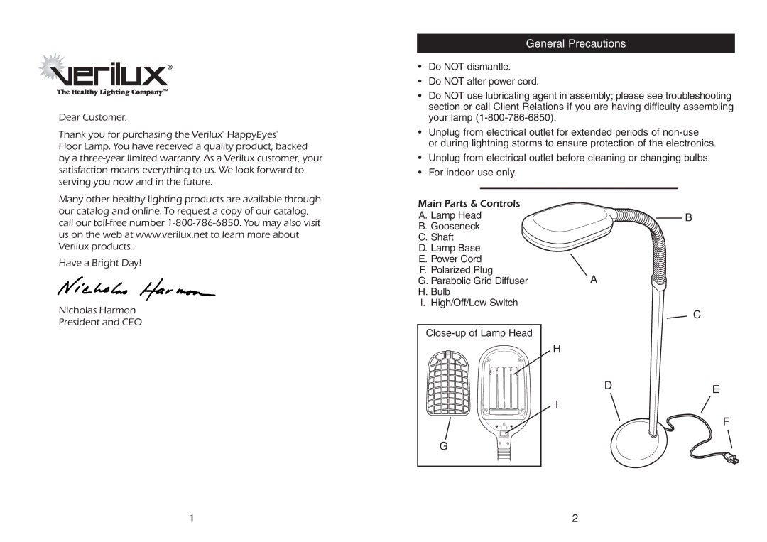 Verilux Floor Lamp instruction manual General Precautions 