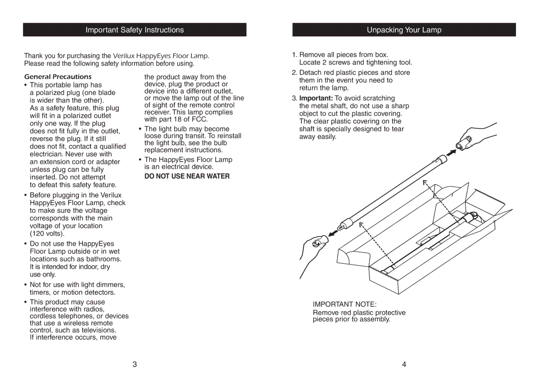 Verilux Floor Lamp instruction manual Important Safety Instructions, Unpacking Your Lamp 