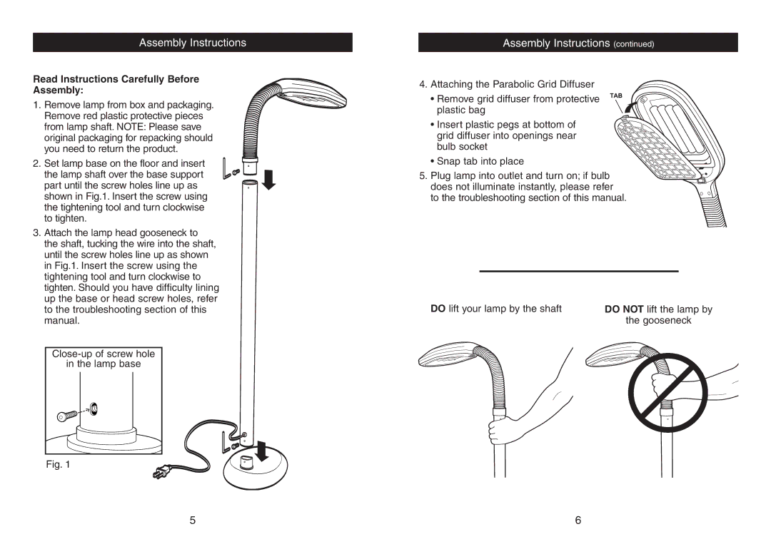 Verilux Floor Lamp instruction manual Assembly Instructions, Read Instructions Carefully Before Assembly 