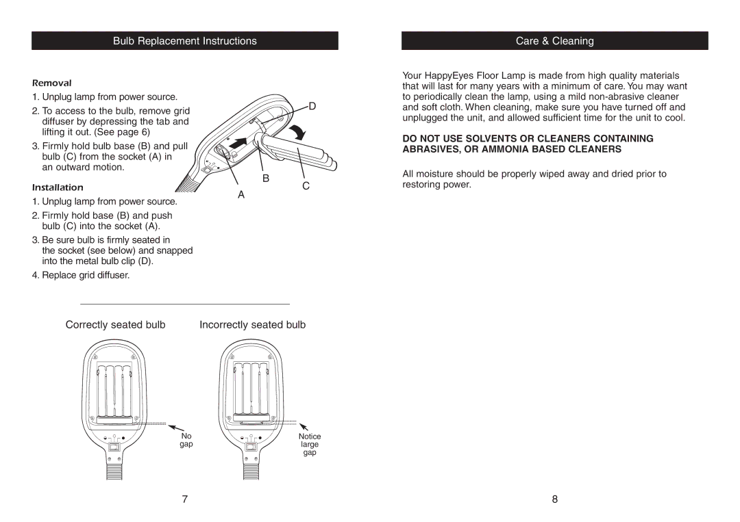 Verilux Floor Lamp instruction manual Bulb Replacement Instructions Care & Cleaning 