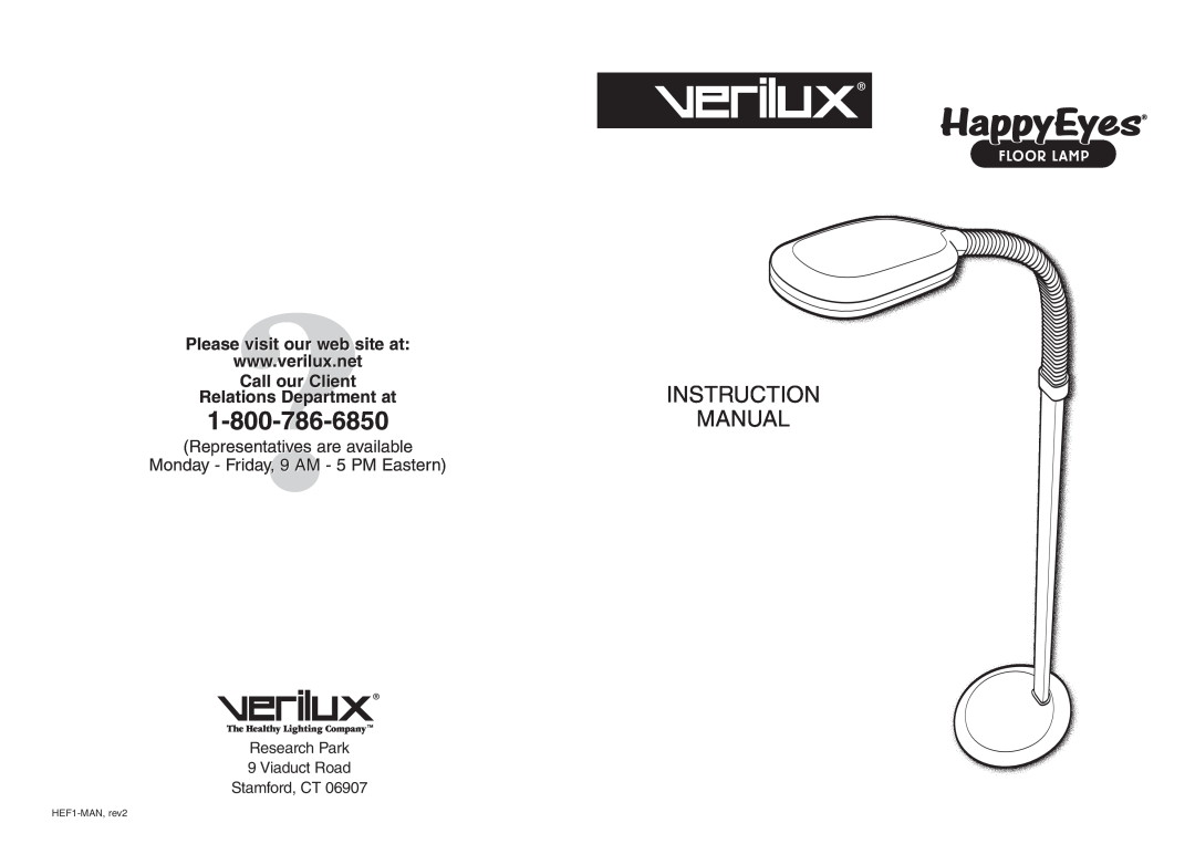 Verilux Floor Lamp instruction manual Representatives are available, Monday - Friday, 9 AM - 5 PM Eastern, HEF1-MAN,rev2 