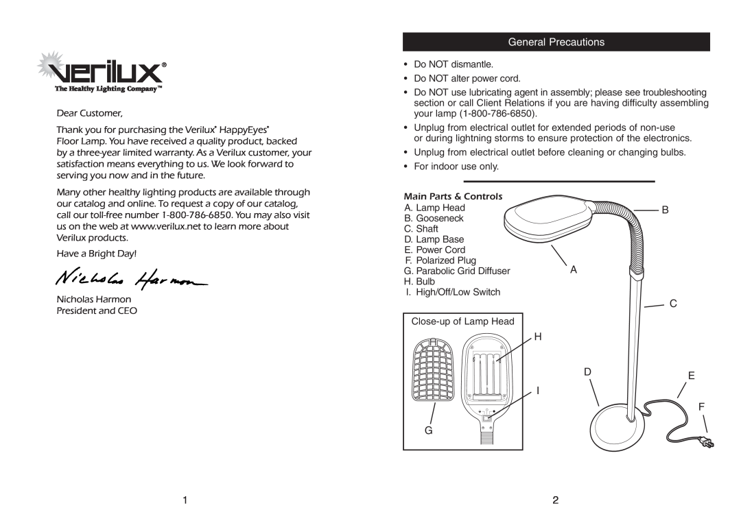 Verilux Floor Lamp instruction manual General Precautions, H De I F G 