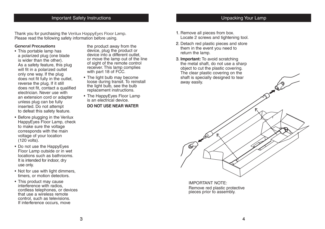 Verilux Floor Lamp instruction manual Important Safety Instructions, Unpacking Your Lamp, Do Not Use Near Water 