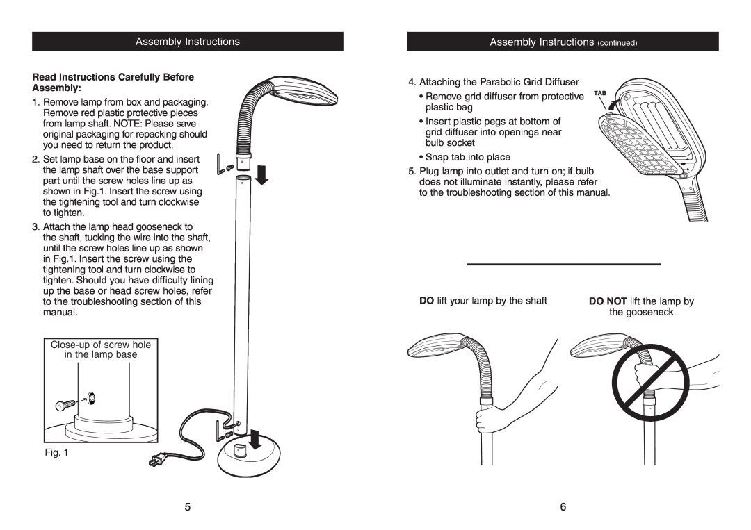 Verilux Floor Lamp instruction manual Assembly Instructions continued, Read Instructions Carefully Before Assembly 