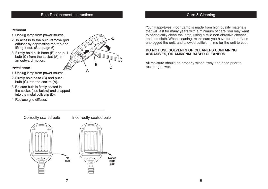 Verilux Floor Lamp Bulb Replacement Instructions, Care & Cleaning, Correctly seated bulb, Incorrectly seated bulb 