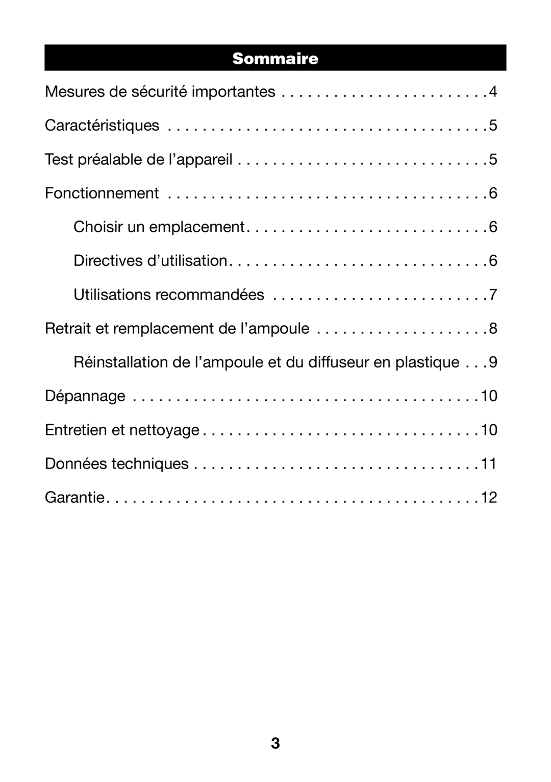 Verilux HPLD manual Sommaire 