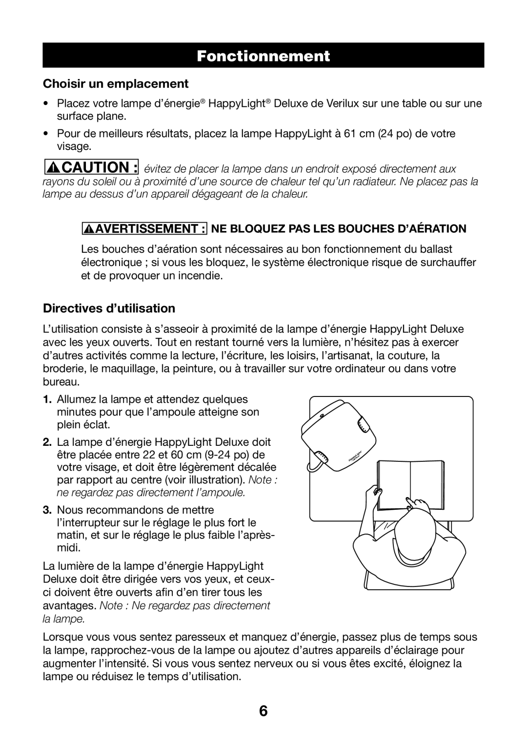 Verilux HPLD manual Fonctionnement, Choisir un emplacement, Directives d’utilisation 