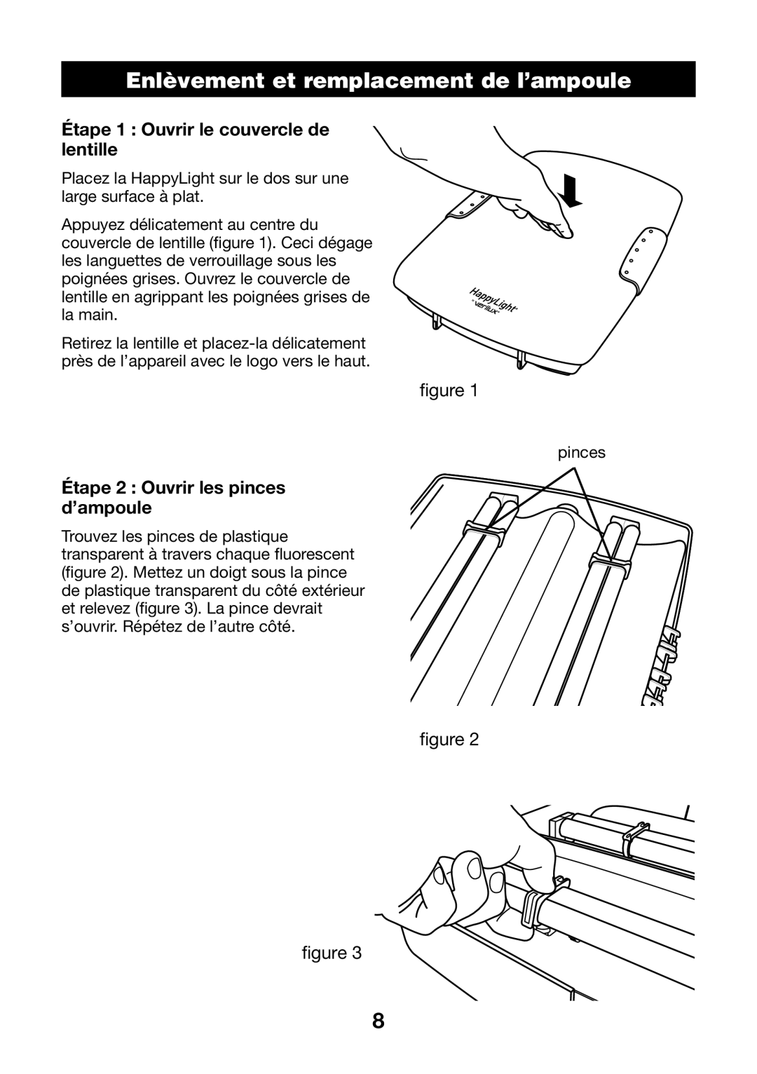 Verilux HPLD manual Enlèvement et remplacement de l’ampoule, Étape 1 Ouvrir le couvercle de lentille 