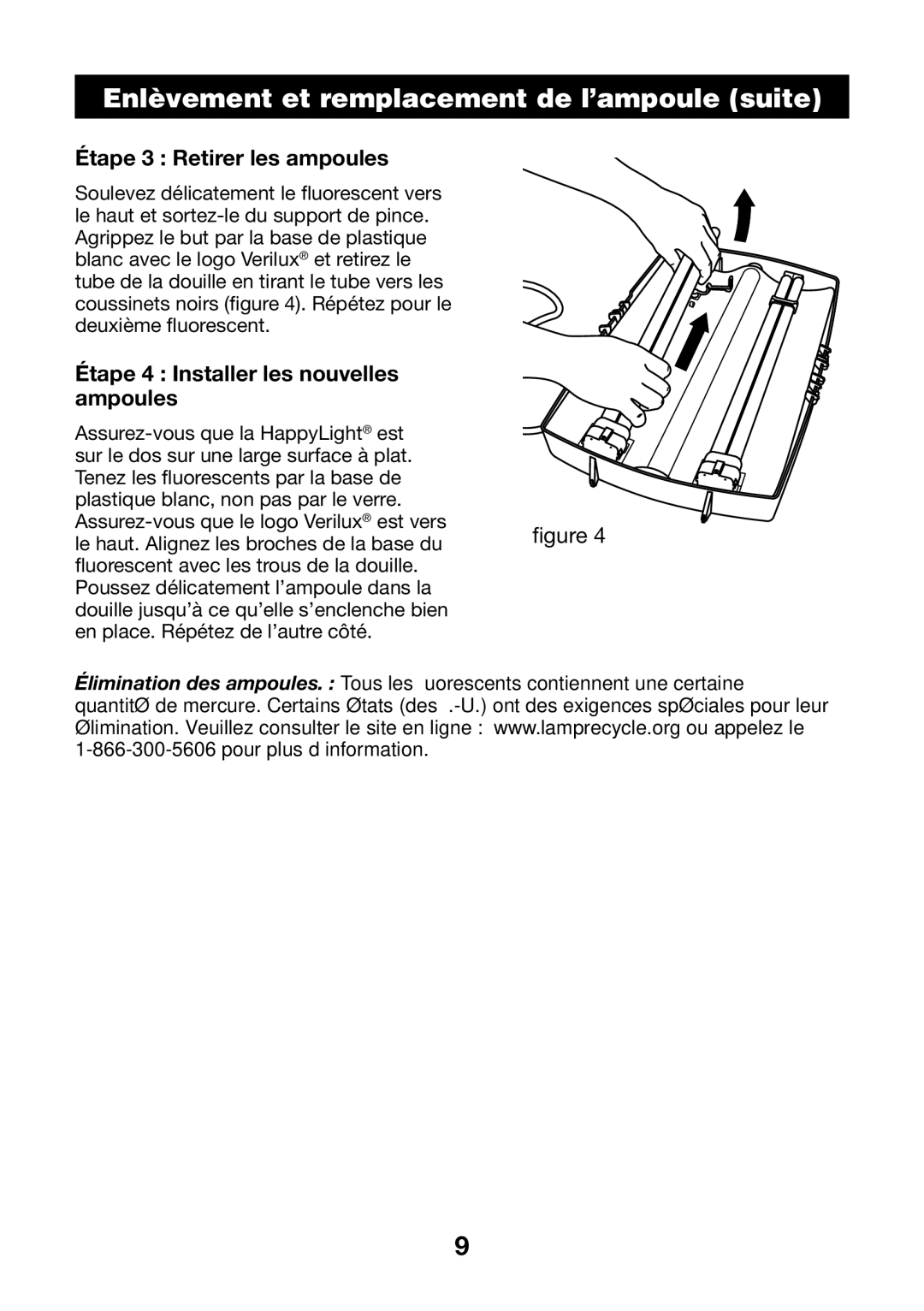 Verilux HPLD manual Enlèvement et remplacement de l’ampoule suite, Étape 3 Retirer les ampoules 