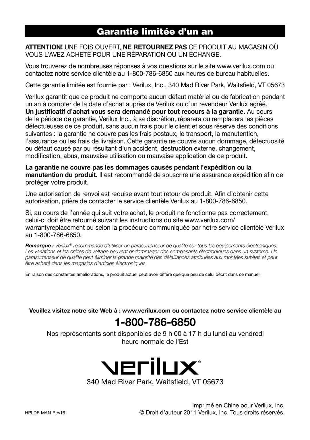 Verilux HPLD manual Garantie limitée d’un an 