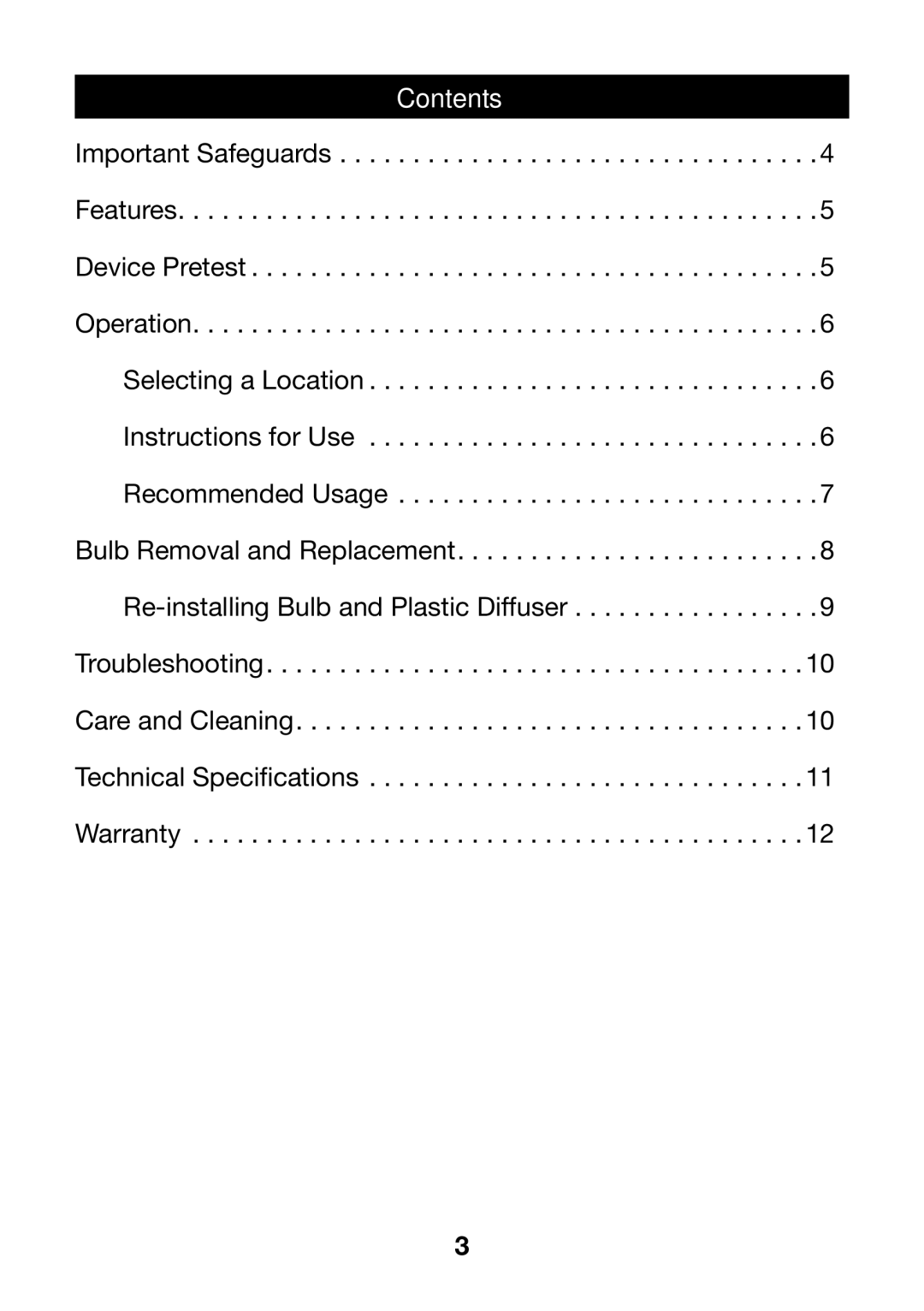 Verilux HPLD manual Contents 