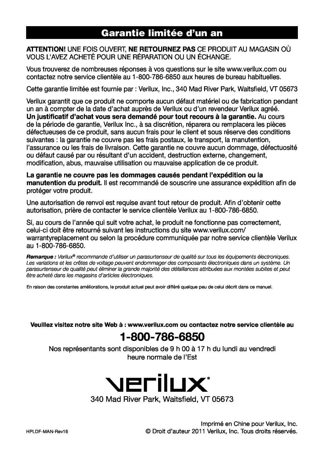Verilux HPLD manual Garantie limitée d’un an 