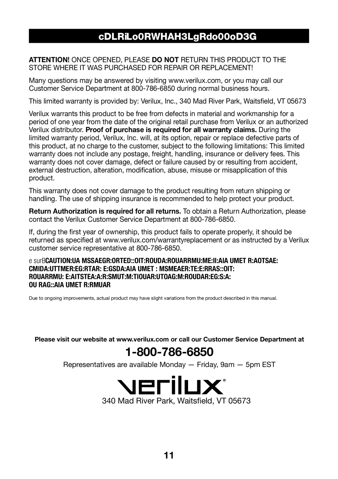 Verilux PL03 manual One Year Limited Warranty 